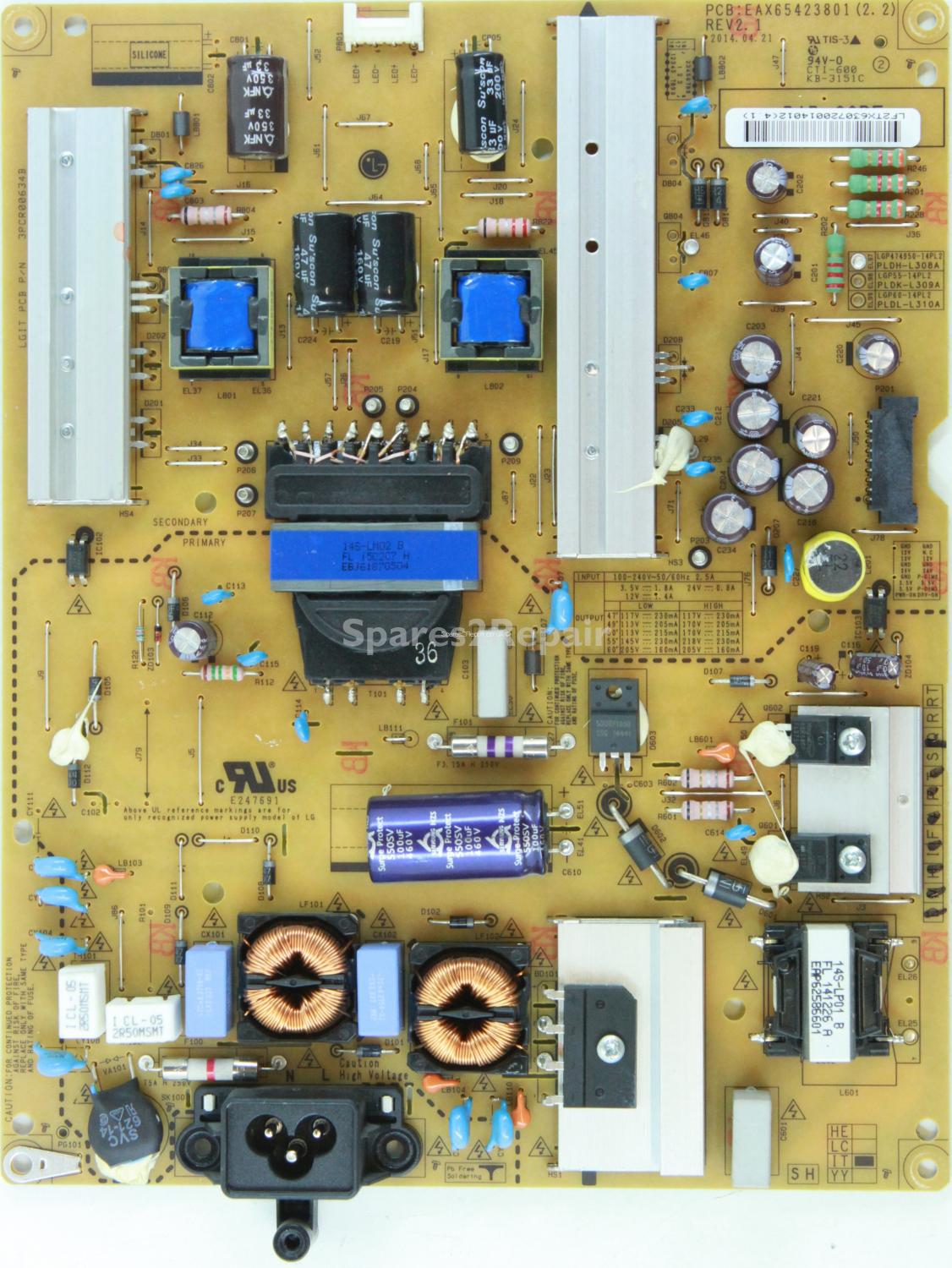 LG 49LB5500 - Power Supply - EAY63072001 - EAX65423801 (2.2) - REV2.1 - 3PCR00634B - LGP474950-14PL2 - PLDH-L308A